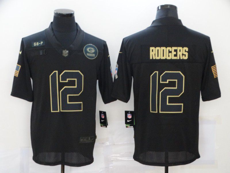 Men Green Bay Packers #12 Rodgers Black gold lettering 2020 Nike NFL Jersey